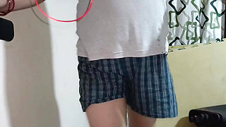 Horny stepsister walking nude in gym, pervert stepfather filming her move