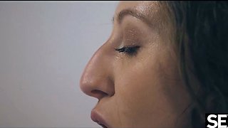 Busty dark haired with curly hair likes blowjob