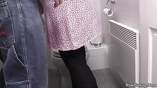 Brunette plumper rides huge dick in the toilet