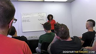 Misty Stone gives head to 10 guys until they cum