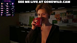 College Lesbian Teases Erotically in Open Hoodie Kitchen Cam