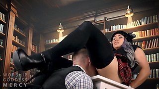 Naughty and inmpudent schoolgirl domiantes her teacher and pegs his ass with a strap on