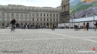 Naked Euro babe walks chariot in public