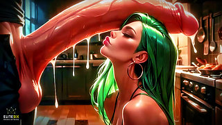 Bimbo Green Hair Big Tits Ass Huge Cock Dream Kitchen Tease (100% AI Generated)