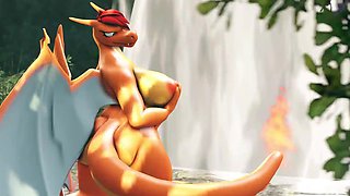 Cartoon forest dwellers crave a threesome with Charizard in the woods