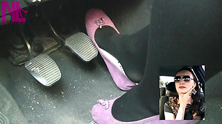 Driving in Black Thick Nylons and Pink Flats