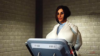 Super hot shemale fucks hard big tits sexy slut in cuffs in the lab