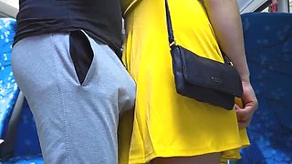 Stranger Gropes Teen's Butt on Bus and Cums Hard in Her Hand - Public Sex with Big Cock