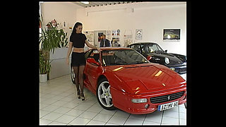 Brunette Hottie Riding Cock in Car Shop with Cum in Mouth