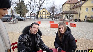 Two hot chicks share a big cock in an intense ffm threesome scene