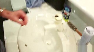 Amazing young busty teen 18+ college student gives old man blowjob in bathroom