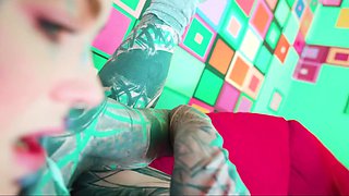 Full body tattooed babe with pierced pussy gets her anus finger fucked