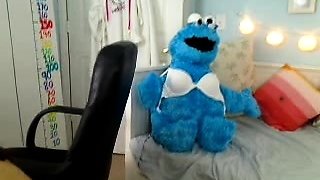 Busty curly brunette with big boobs fucks on couch