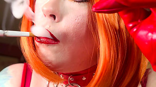 Redhead Tina In Red Leather Dress & Gloves Smoking A Cigarette With Lots Of Dangling, OMI, OME, Snap Inhales