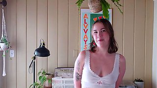 Tattooed dark-haired in undies loves playing with glass