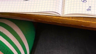 Schoolgirl Giving Him Handjob in Math Class Under the Table at College. Risky Masturbation in a Public Class.