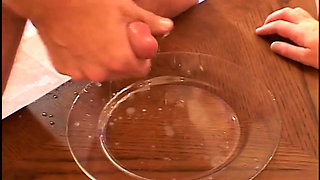 Eight Hunks Cum on Plates on Table as Hot Chick Licks It up