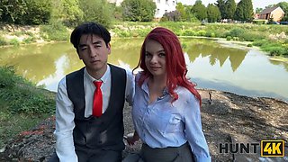 Hunt4k. red haired whore cheated on her bf in public and toyed with her Natural Tits