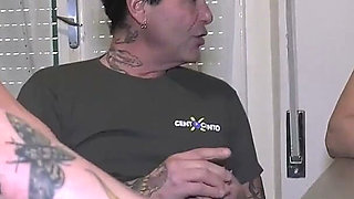 Masked Tattoo Sluts in Heels and Fishnets Get Pounded Raw