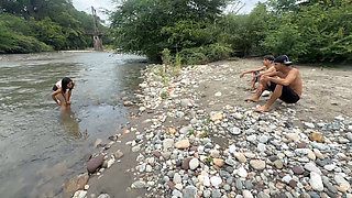 Pair of young strangers meet in an open field and end up in a rich anal threesome.