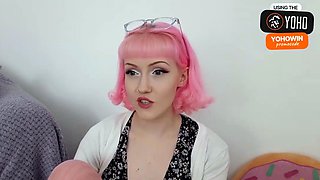 Pink haired stunner masturbates using dildo and large