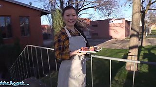 Public agent Asian babe Luna Truelove offers her cream cakes for a creampie