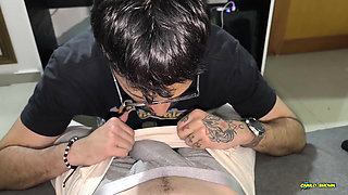 Kneeling & Horny Sniffing My Boyfriend's Bulge Till I Cum on His Cock & Swallow Both Loads