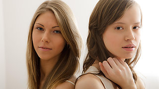 Horny petite lesbian squirts on stroking cunt with dildo