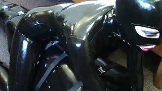 Latex oral-job, cook jerking and fuck in rubber bag.