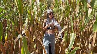 Wife gets spitroast and double creamepie by husband and his friend in public corn field