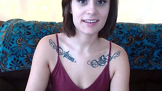 Small tit brunette gives a nice hard blowjob and fuck