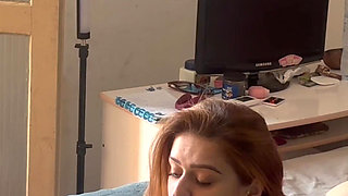 Mask Invades Tattooed Redhead: Rough Blowjob, Slap in the Face and Cum on the Face