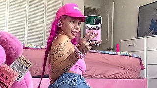 Teen Flashing Boobs Wrinkled Soles Small Feet Mirror Video Booty in Jean Shorts Crop Top Flashed Perky Tits Baseball Cap Scrunch