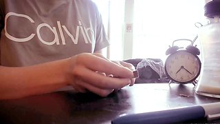 Amateur redhead Jacqueline with glasses masturbates