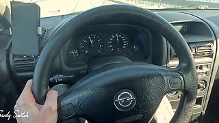 Hitchhiker Sandy Switch sucks driver's dick in car at high speed - Blowjob & facial with big natural tits