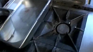 Wild French Babe Pleasing Two Cocks While Working in Kitchen