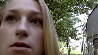 Hot young blonde gets fucked by stranger's massive cock and sucks