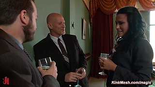 Coworker gags and ties up and fucks bosomy colleague