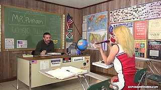 Nova Cane deepthroats teacher's cock for a passing grade - teen hairy pussy slut gets cum in mouth