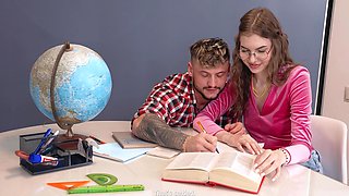 Skinny sorority slut deepthroats cock in HD while moaning on the couch