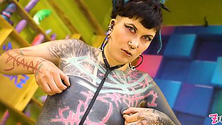 Punk queen taunts little boobs & nipples then takes aggressive doggystyle, dripping facial