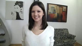 Sweet 19yo brunette cutie fingers her bald pussy in POV