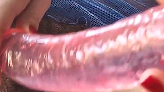 Pierced Hairy Slut Got Fucked by Dildo with Closed Locked Pussy