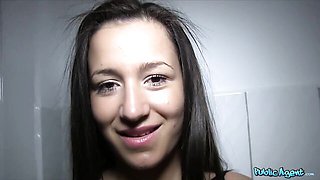 Toilet fuck for money in POV angle with a hot brunette Cute Little