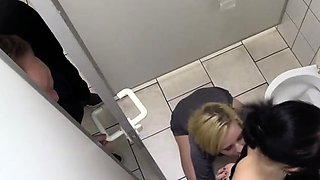 Toilet threesome with head in the toilet while flushing