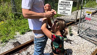 Tied up wife takes double creampie in public from husband