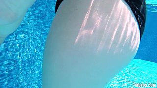 Mel's Brunette Nerdy Lust in a Wet Outdoor Pool Affair