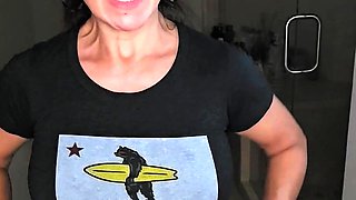 Busty curly brunette with big boobs fucks on couch