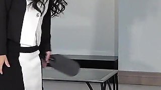 Mistress Plays with the Domestic Slave's Ass by Spanking It Continuously with a Racket Paddle and a Riding Crop for No Reason