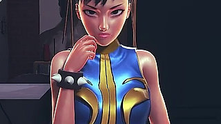Chun Li Street Fighter 6 - Sexy Cosplay Anime Girl in Blue Latex Costume Gets Her Pussy Licked Through Tight Pants with Orgasm